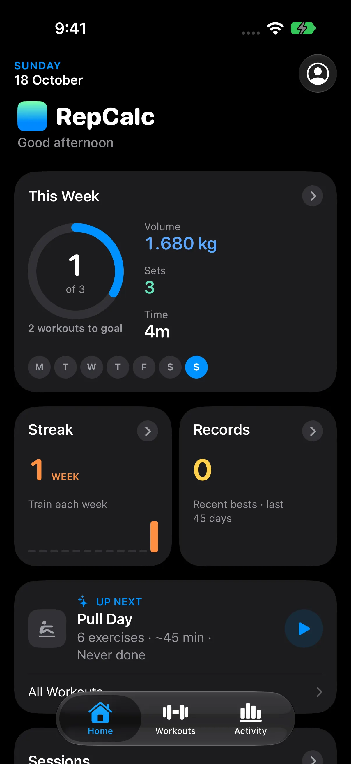 RepCalc Home dashboard showing training progress and recent activity — dark mode