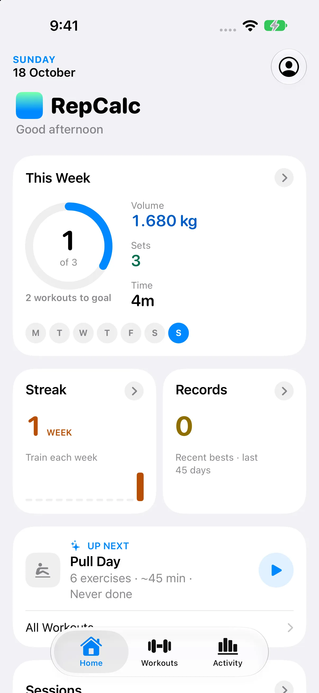 RepCalc Home dashboard showing training progress and recent activity