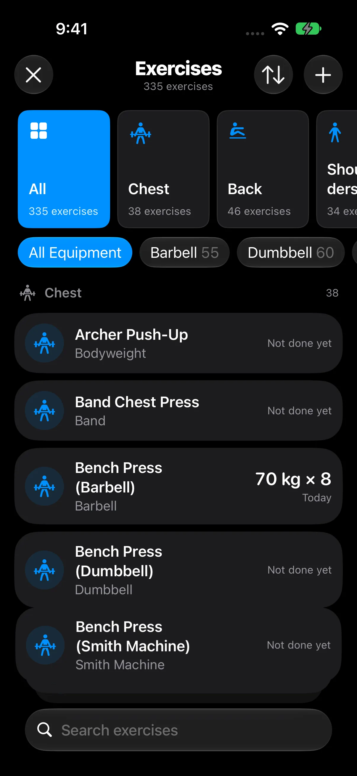 RepCalc exercise library with searchable exercises and muscle and equipment filters — dark mode