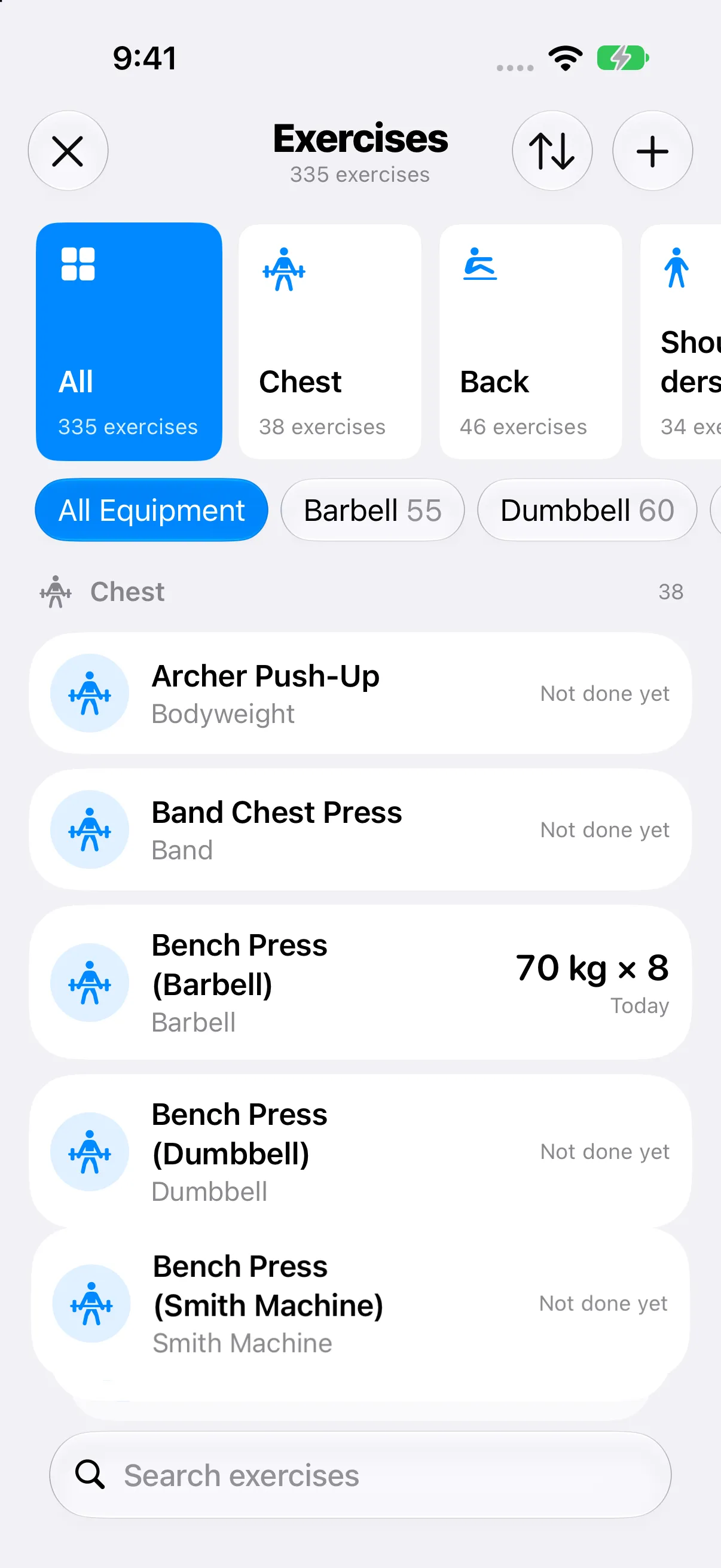 RepCalc exercise library with searchable exercises and muscle and equipment filters