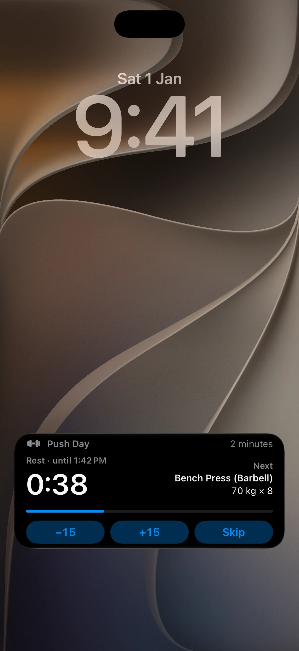 Real RepCalc Live Activity on the iPhone Lock Screen showing a rest countdown, next Bench Press set, and rest controls