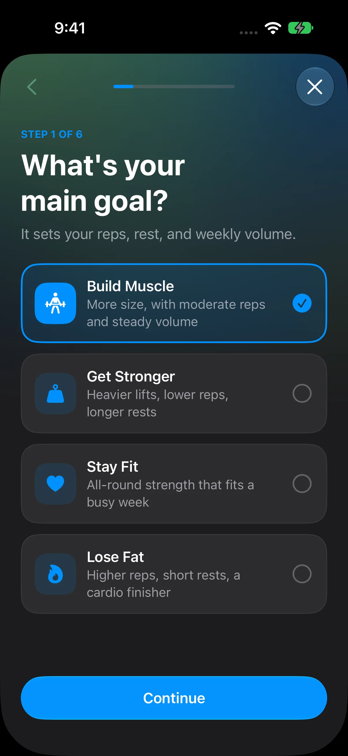 RepCalc’s guided workout planner asking about training goals, with Build Muscle, Get Stronger, Stay Fit, and Lose Fat choices — dark mode