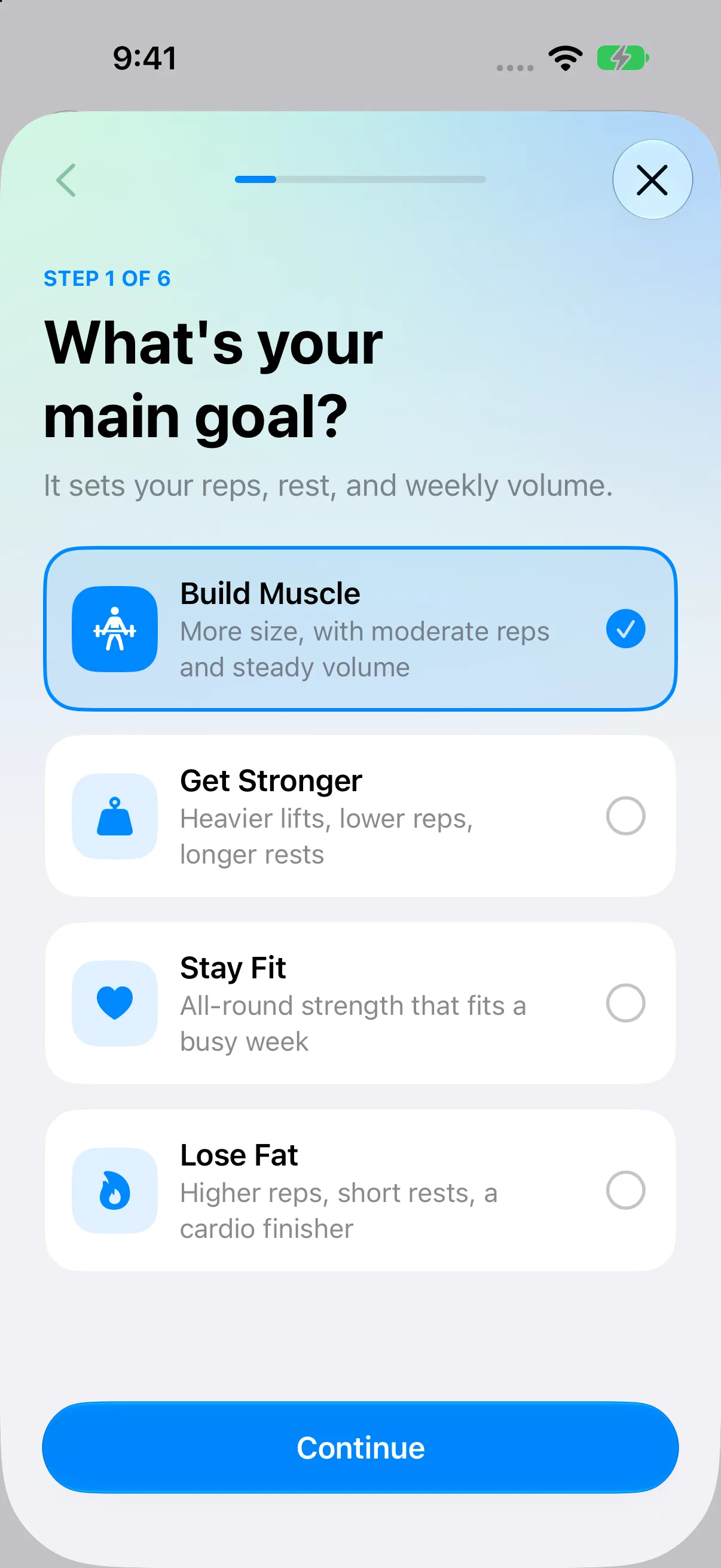 RepCalc’s guided workout planner asking about training goals, with Build Muscle, Get Stronger, Stay Fit, and Lose Fat choices