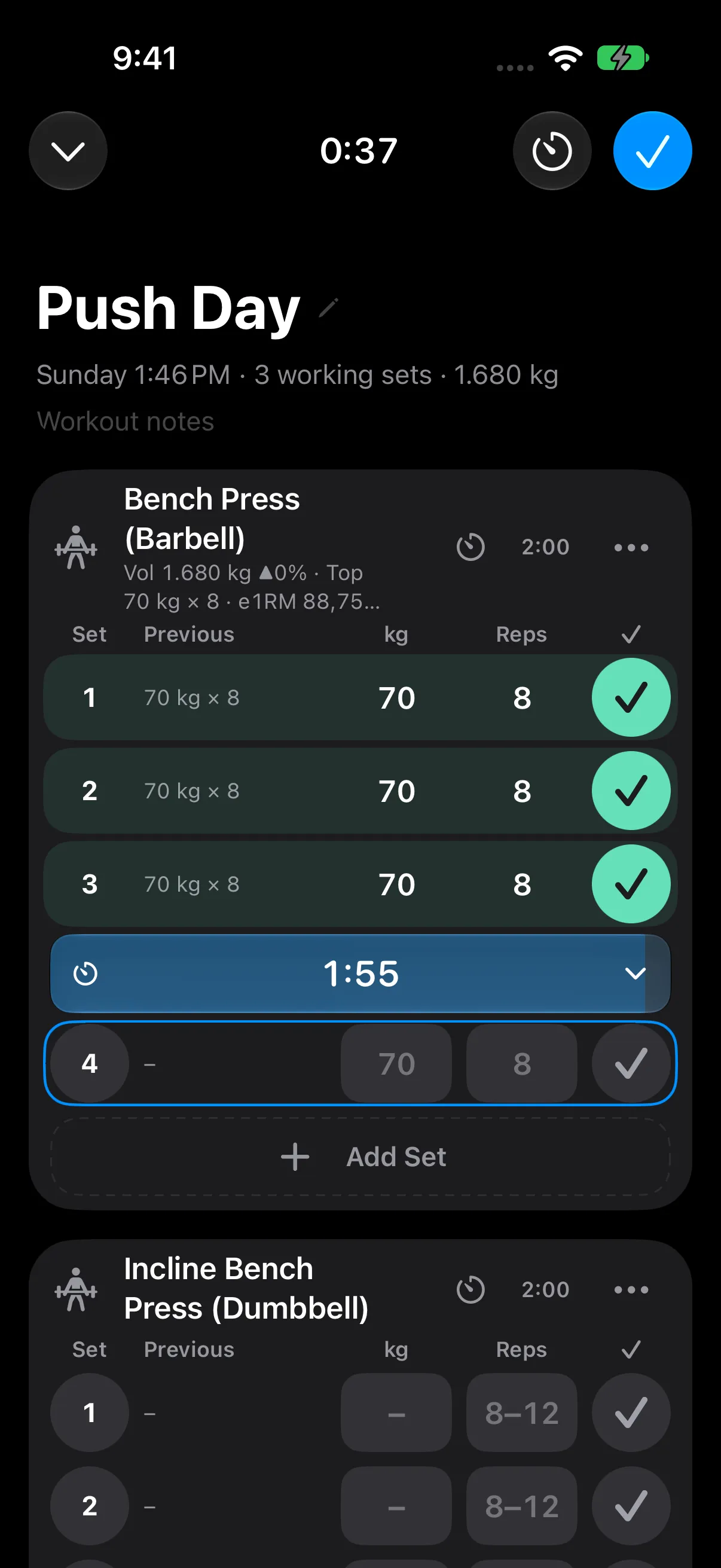 RepCalc active workout with exercise sets, weight, reps, and rest tracking — dark mode