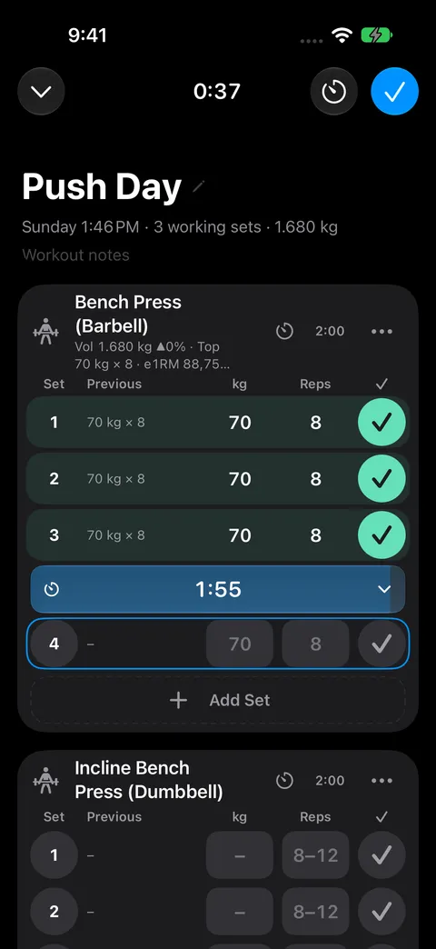 RepCalc workout log in dark mode
