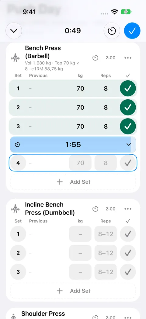 RepCalc workout log with exercises, sets, weight, and reps