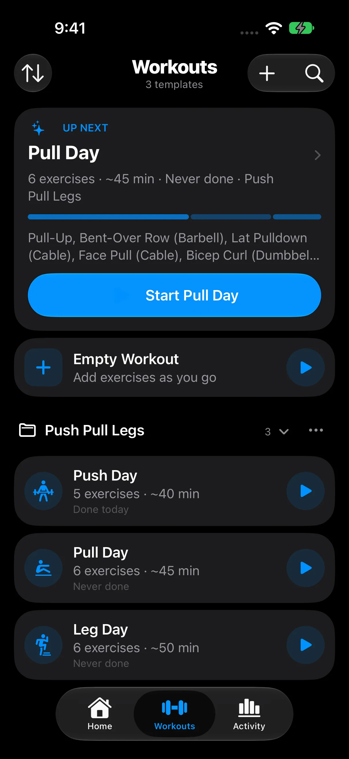 RepCalc Workouts tab with starter routines and a one-tap start button — dark mode