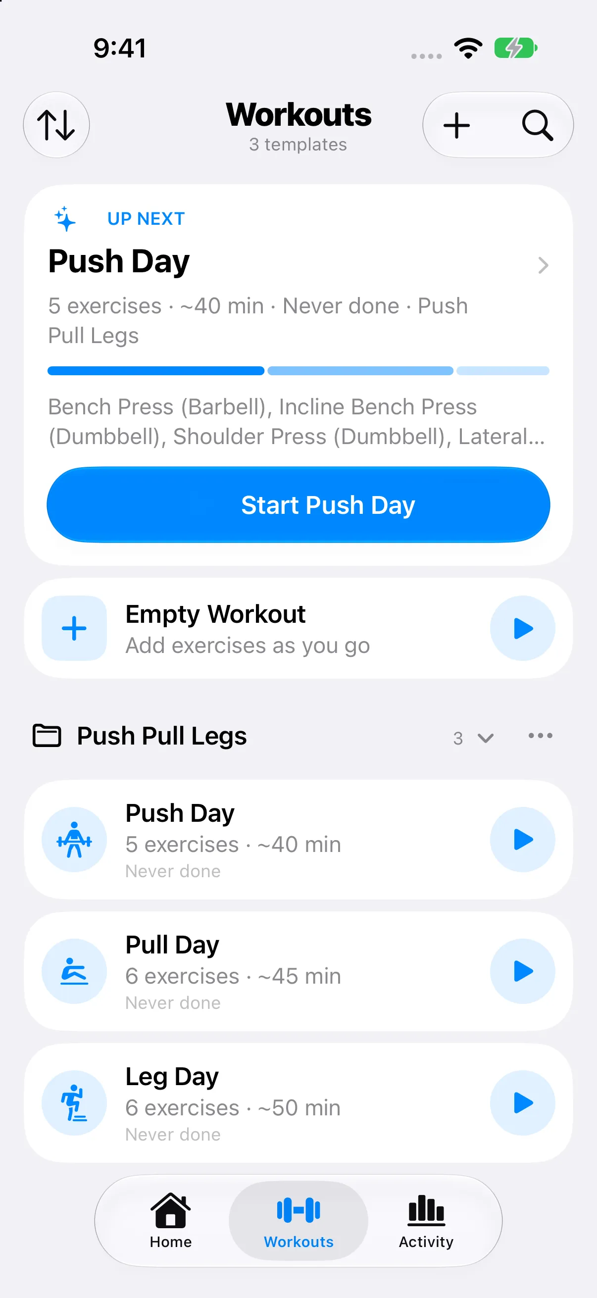 RepCalc Workouts tab with starter routines and a one-tap start button