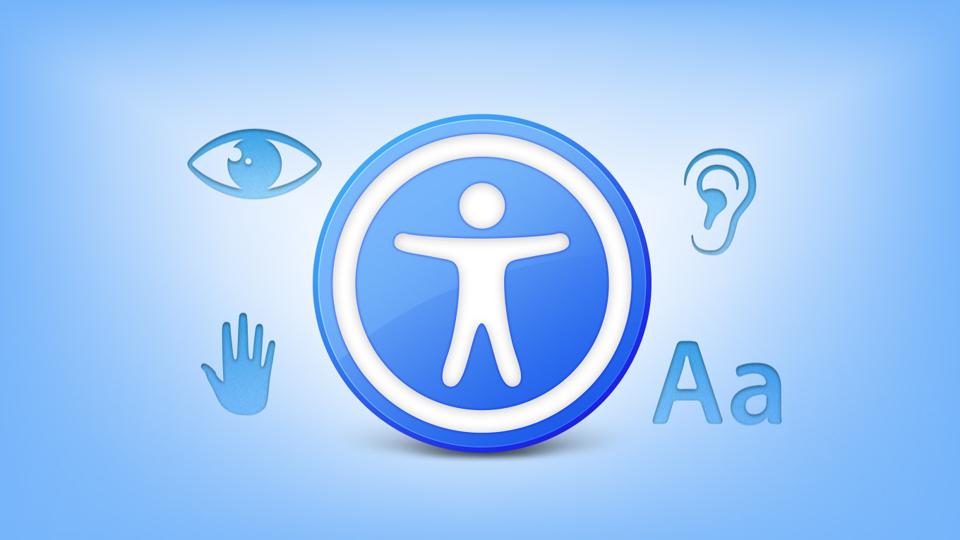 Accessibility symbol with visual, hearing, touch, and text symbols.