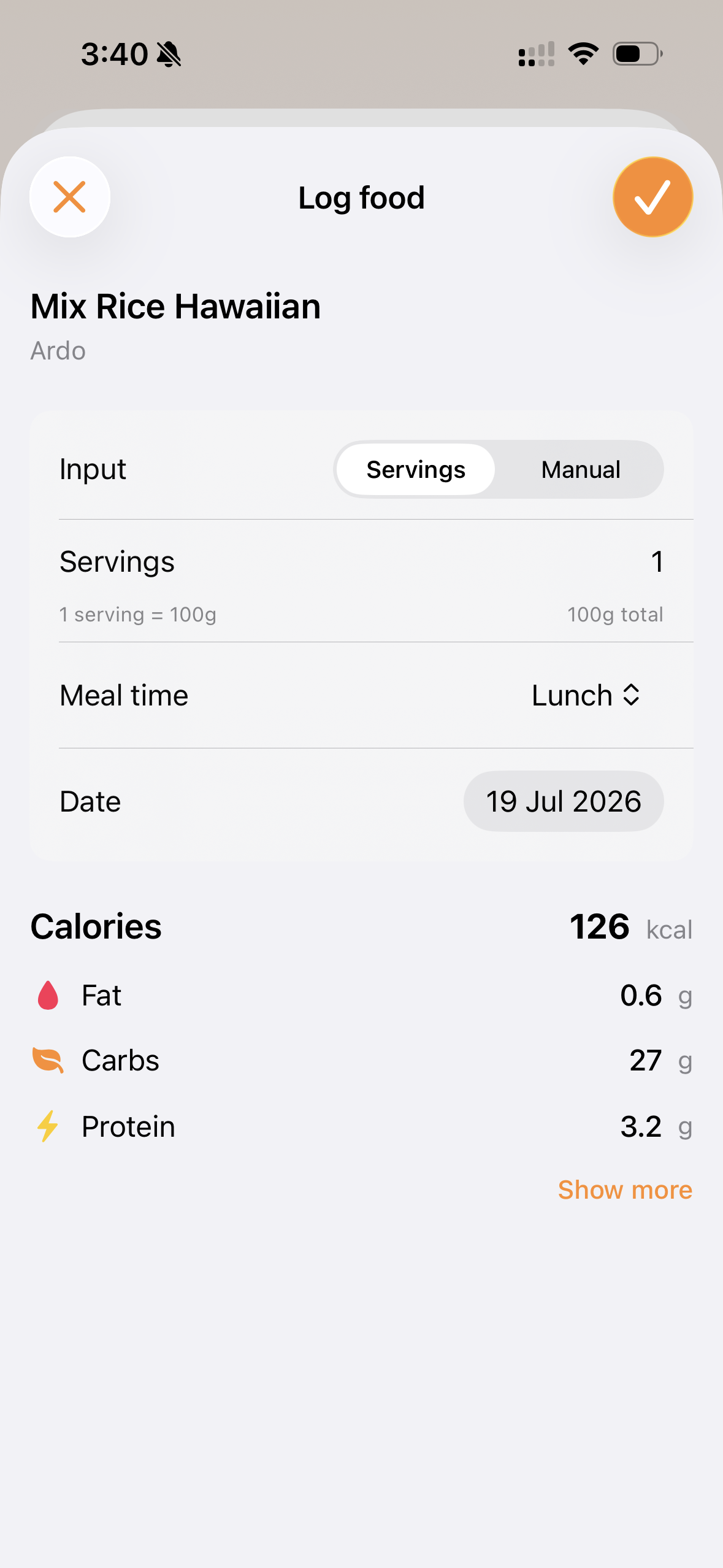 FoodieCalc Log food sheet at a smaller text size.