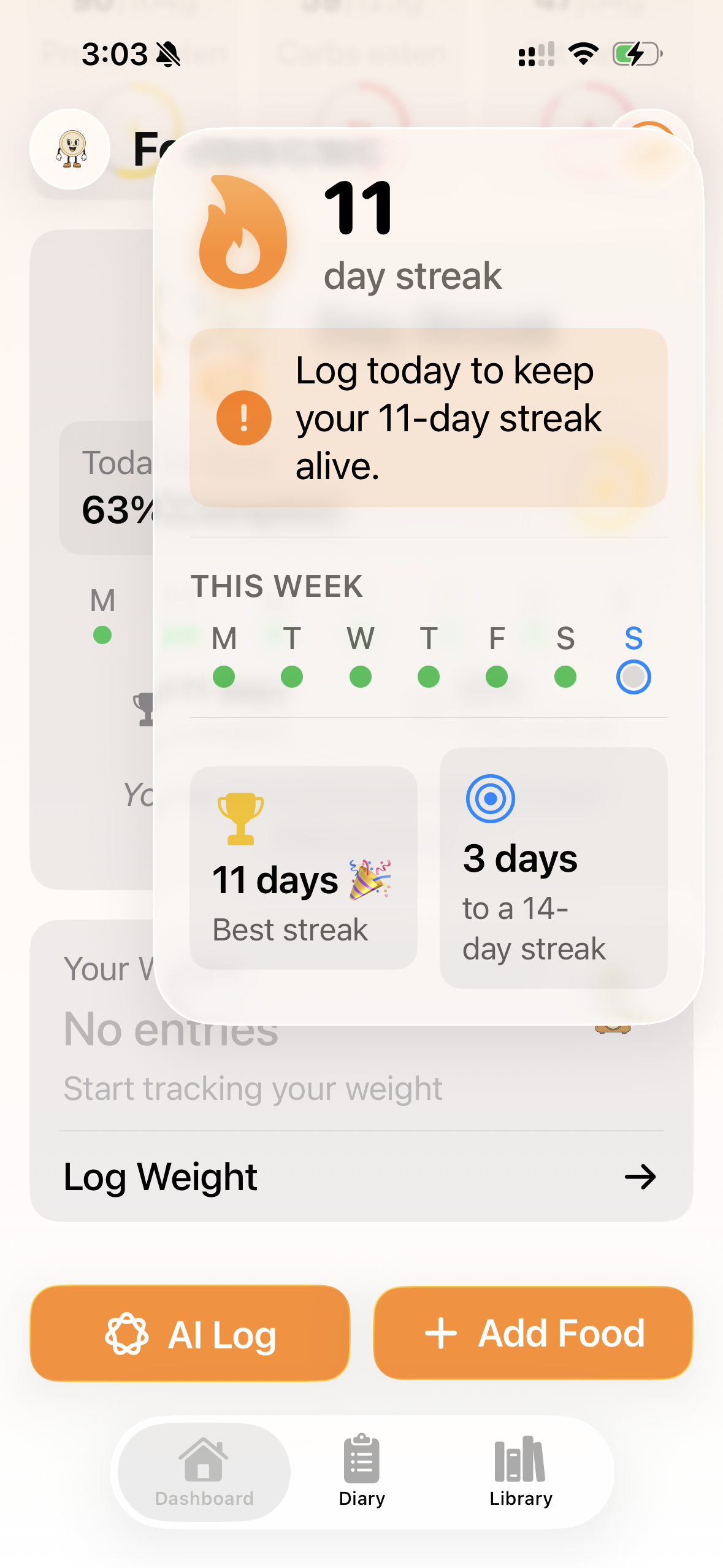 FoodieCalc dashboard streak overlay at a larger text size.
