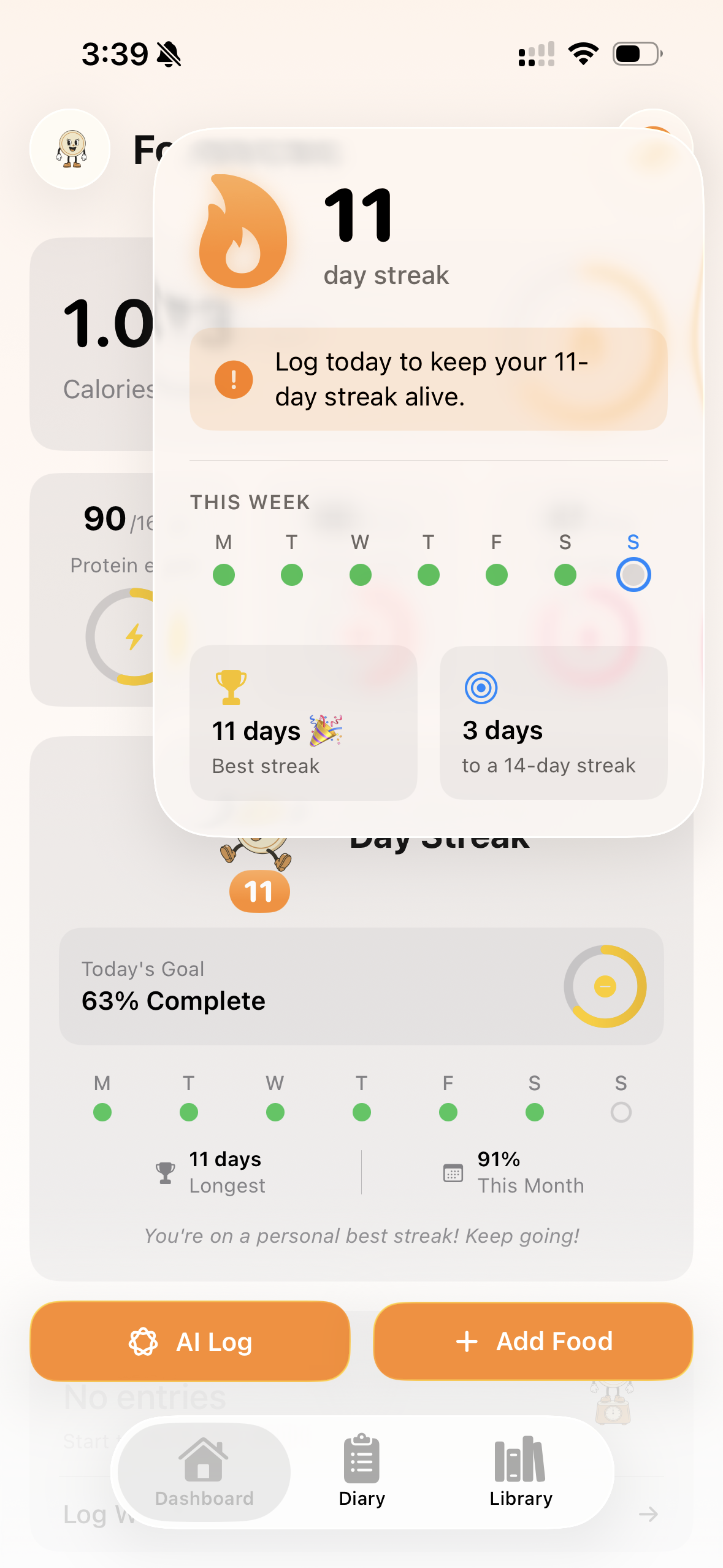 FoodieCalc dashboard streak overlay at a smaller text size.