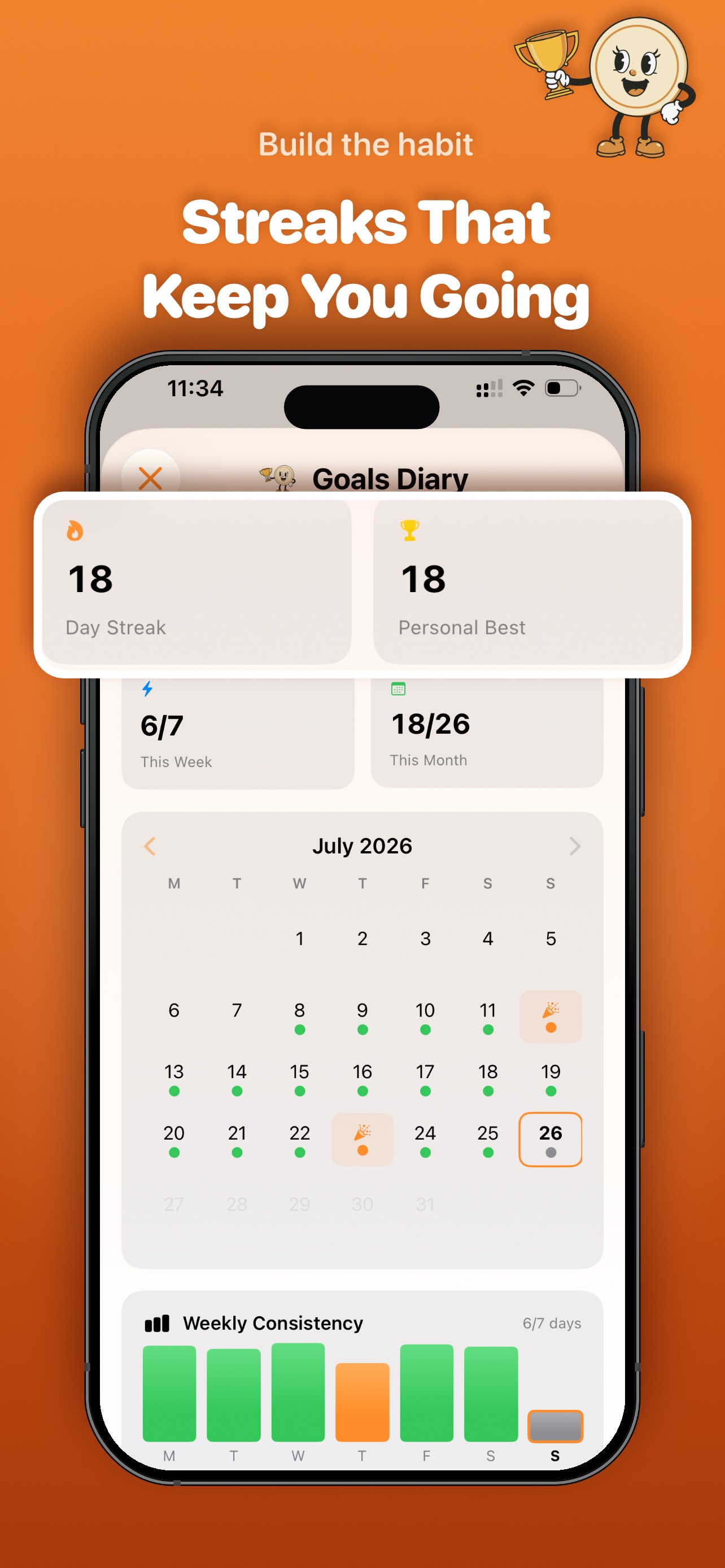 FoodieCalc goals diary with a streak, personal best, calendar, and consistency chart.