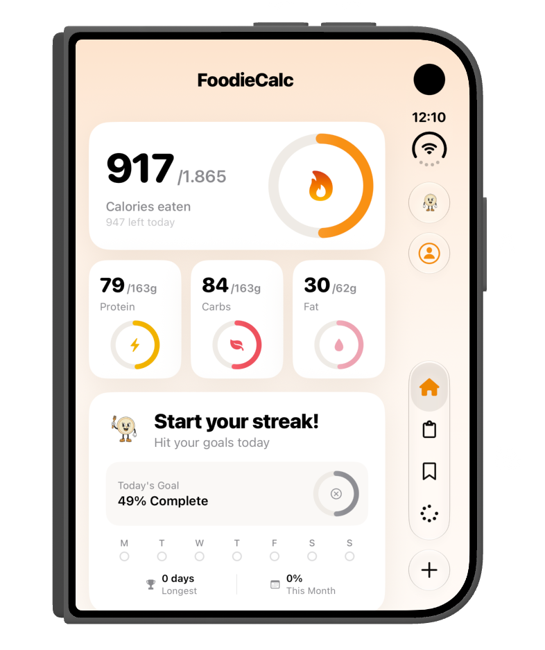 FoodieCalc dashboard adapted to iPhone Duo in a folded portrait layout