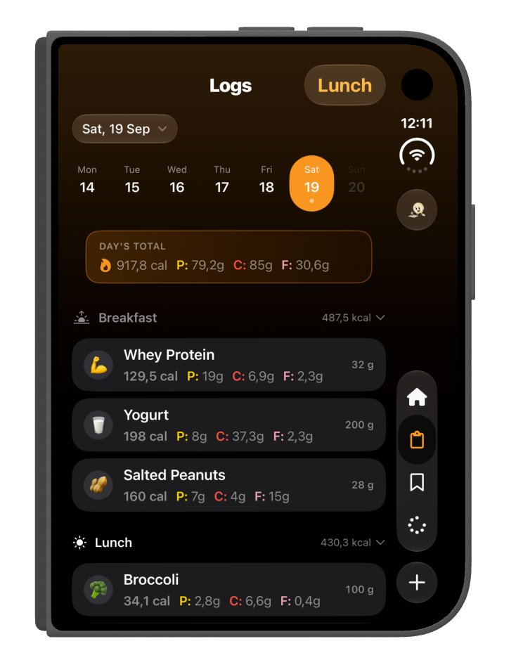 FoodieCalc diary adapted to iPhone Duo in a folded portrait layout