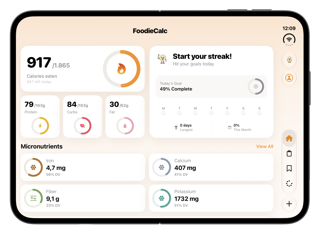 FoodieCalc dashboard adapted to the open iPhone Duo display in landscape