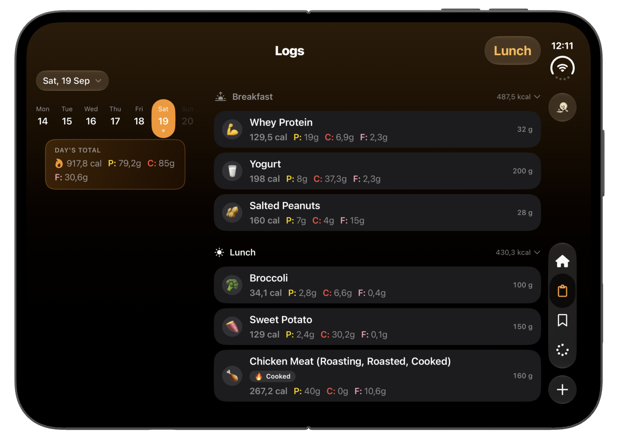 FoodieCalc diary adapted to the open iPhone Duo display in landscape