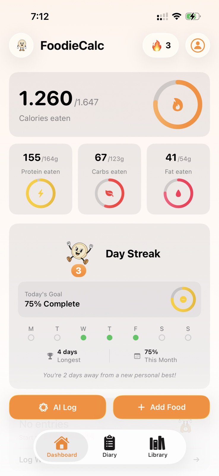FoodieCalc dashboard showing calories, macros, day streak, AI Log, and Add Food actions.
